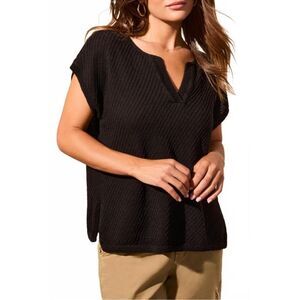 NWT TRIBAL Side Slit Notched V-Neck Sweater Top in Black Size Large